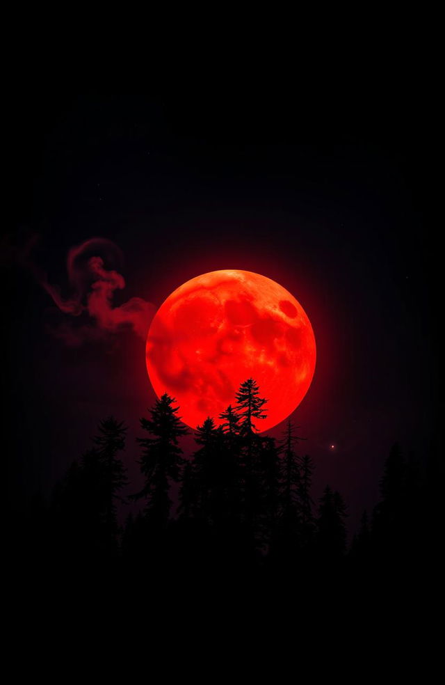 A striking and atmospheric depiction of a blood moon rising over a dark, mysterious landscape