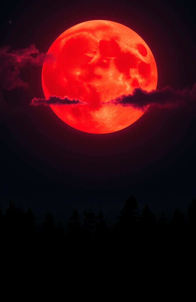 A striking and atmospheric depiction of a blood moon rising over a dark, mysterious landscape