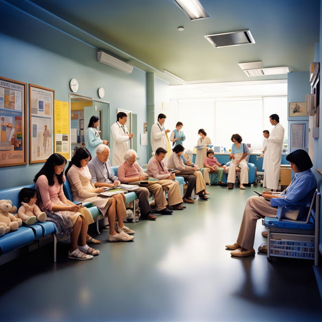 A modern doctor's office filled with patients of various ages and backgrounds waiting for their turn