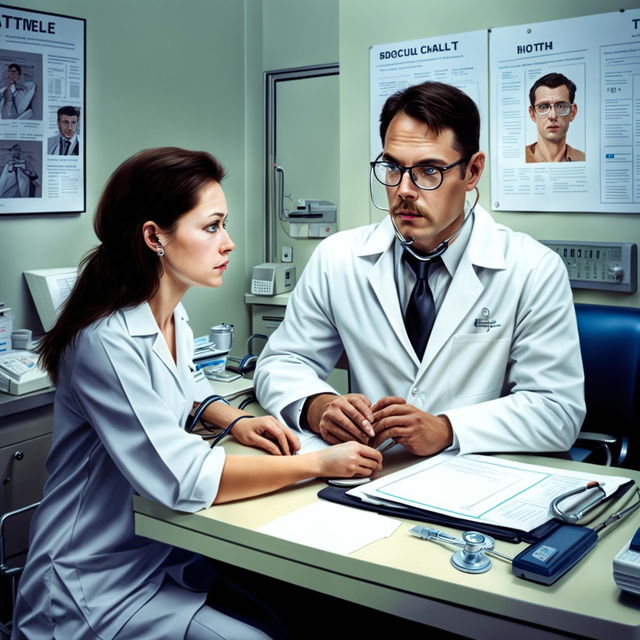 A focused doctor in a white coat examining a patient in a modern medical office