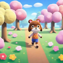 A whimsical image of an anthropomorphic Animal Crossing villager safely crossing a picturesque, tranquil road lined with colorful flowering trees