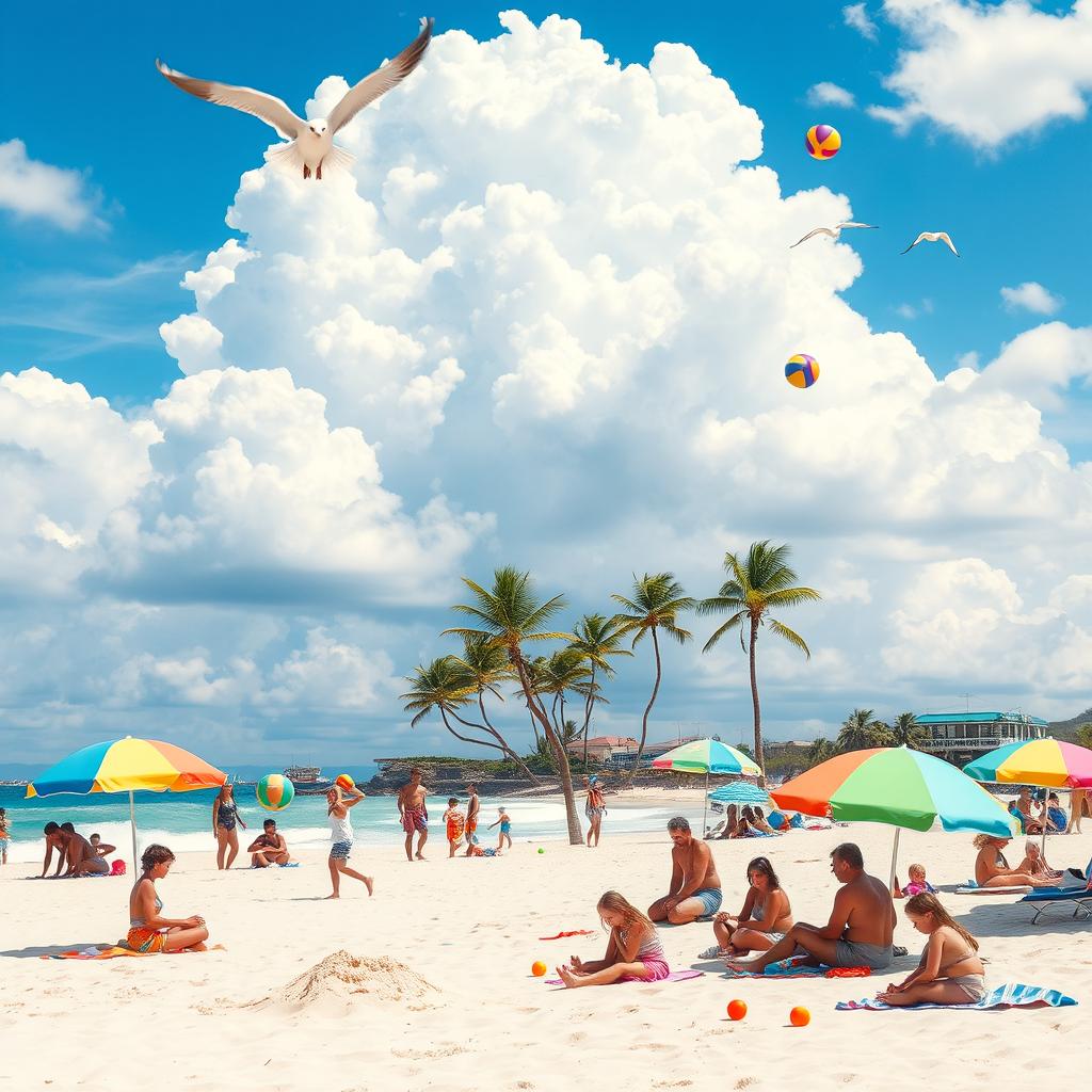 A vibrant beach scene with bright blue skies and fluffy white clouds