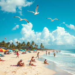 A vibrant beach scene with bright blue skies and fluffy white clouds