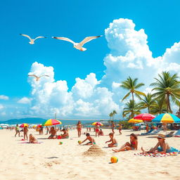 A vibrant beach scene with bright blue skies and fluffy white clouds