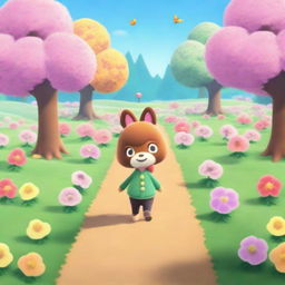 A whimsical image of an anthropomorphic Animal Crossing villager safely crossing a picturesque, tranquil road lined with colorful flowering trees