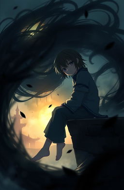 A scene inspired by the theme of 'Nokitsune: Kage no Kokoro', depicting a broken soul amidst shadows