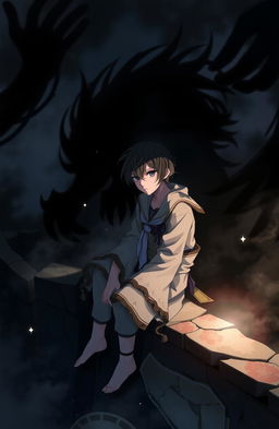 A scene inspired by the theme of 'Nokitsune: Kage no Kokoro', depicting a broken soul amidst shadows