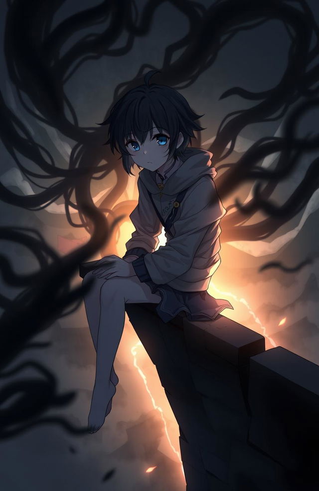 A scene inspired by the theme of 'Nokitsune: Kage no Kokoro', depicting a broken soul amidst shadows