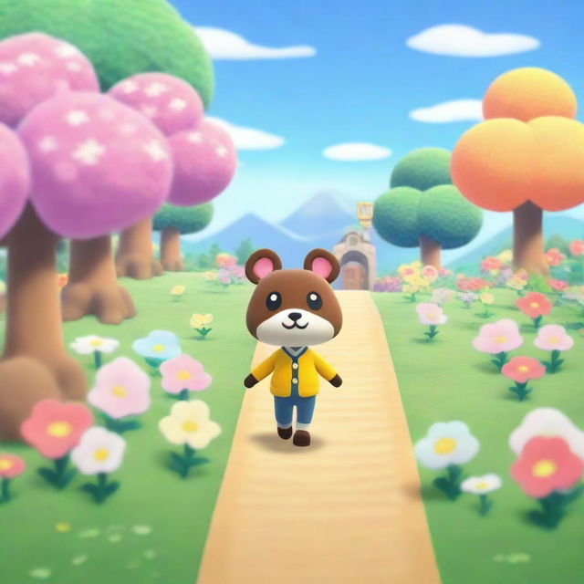 A whimsical image of an anthropomorphic Animal Crossing villager safely crossing a picturesque, tranquil road lined with colorful flowering trees