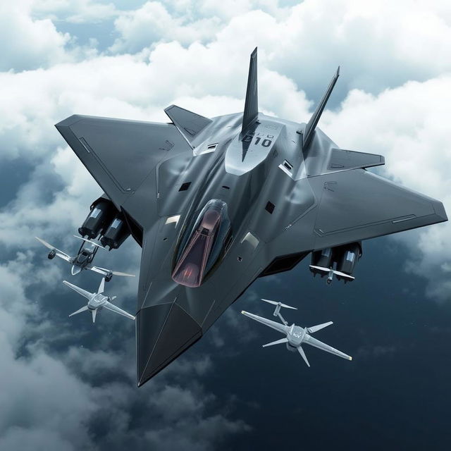 A futuristic sixth-generation stealth fighter jet design, equipped with advanced drone capabilities