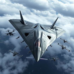 A futuristic sixth-generation stealth fighter jet design, equipped with advanced drone capabilities