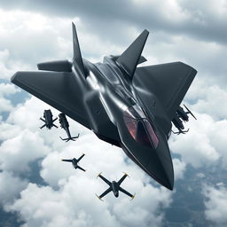 A futuristic sixth-generation stealth fighter jet design, equipped with advanced drone capabilities