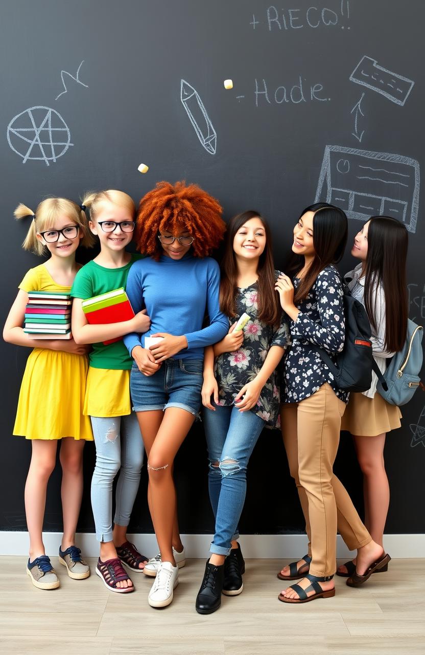 A vibrant scene featuring five girls standing together in front of a classic blackboard background, each girl showcasing her unique style