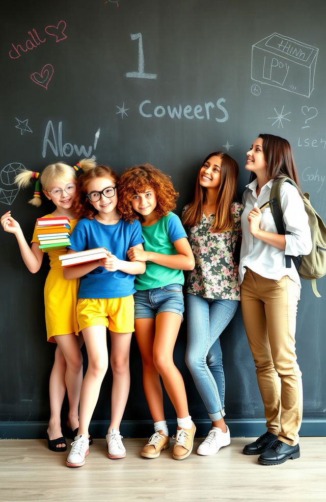 A vibrant scene featuring five girls standing together in front of a classic blackboard background, each girl showcasing her unique style