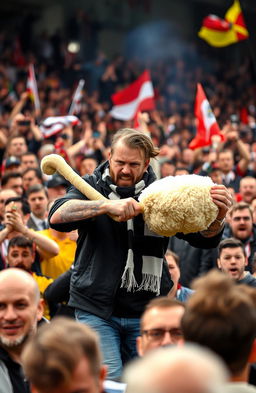 A boisterous football crowd with excited fans in a stadium atmosphere, focused on a rugged-looking male hooligan in the foreground