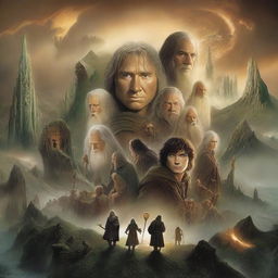 A depiction of the mystical and grand universe of 'Lord of the Rings' with iconic characters and locations, as rendered in the style of an epic fantasy novel cover