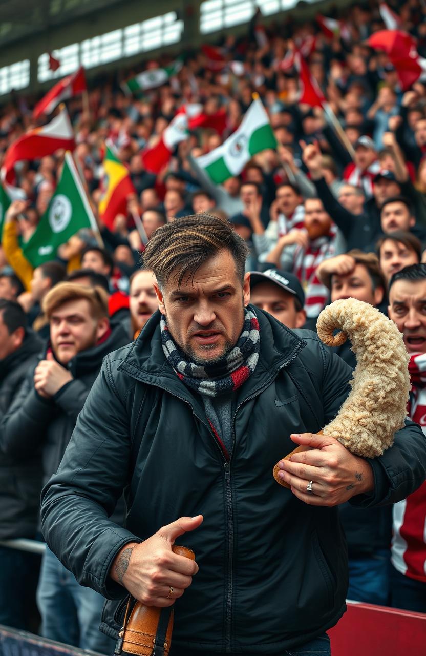 A boisterous football crowd with excited fans in a stadium atmosphere, focused on a rugged-looking male hooligan in the foreground