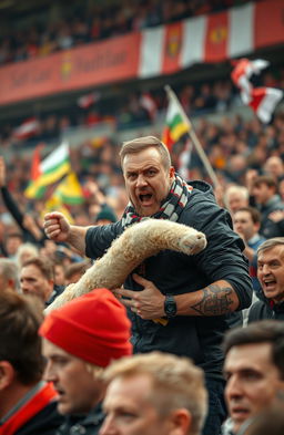 A boisterous football crowd with excited fans in a stadium atmosphere, focused on a rugged-looking male hooligan in the foreground