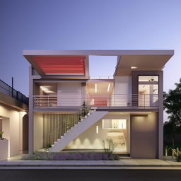 An architectural rendering of an outside house design featuring stairs leading to the upper floor, where there are designated spaces for rentable shops.