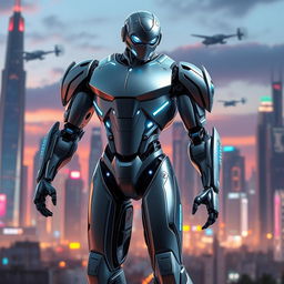 An advanced futuristic robot model, sleek and streamlined design, featuring a metallic finish with a smooth gradient of silver and blue