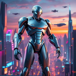 An advanced futuristic robot model, sleek and streamlined design, featuring a metallic finish with a smooth gradient of silver and blue