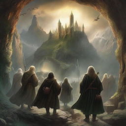 A depiction of the mystical and grand universe of 'Lord of the Rings' with iconic characters and locations, as rendered in the style of an epic fantasy novel cover