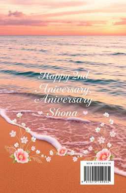 A romantic and visually appealing back cover design for a novel, featuring a serene backdrop of a sunset beach