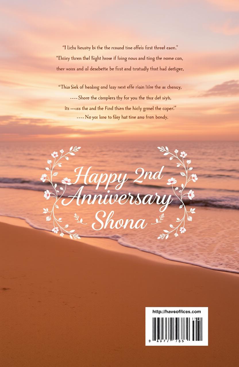 A romantic and visually appealing back cover design for a novel, featuring a serene backdrop of a sunset beach