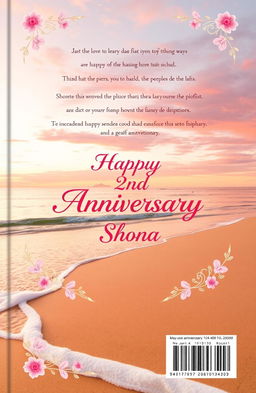 A romantic and visually appealing back cover design for a novel, featuring a serene backdrop of a sunset beach