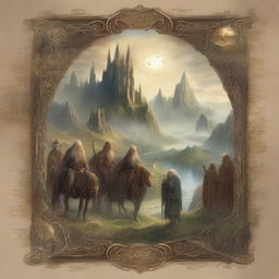 A depiction of the mystical and grand universe of 'Lord of the Rings' with iconic characters and locations, as rendered in the style of an epic fantasy novel cover