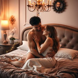 A romantic scene featuring an intimate arrangement between two adults in a missionary position in a beautifully decorated bedroom