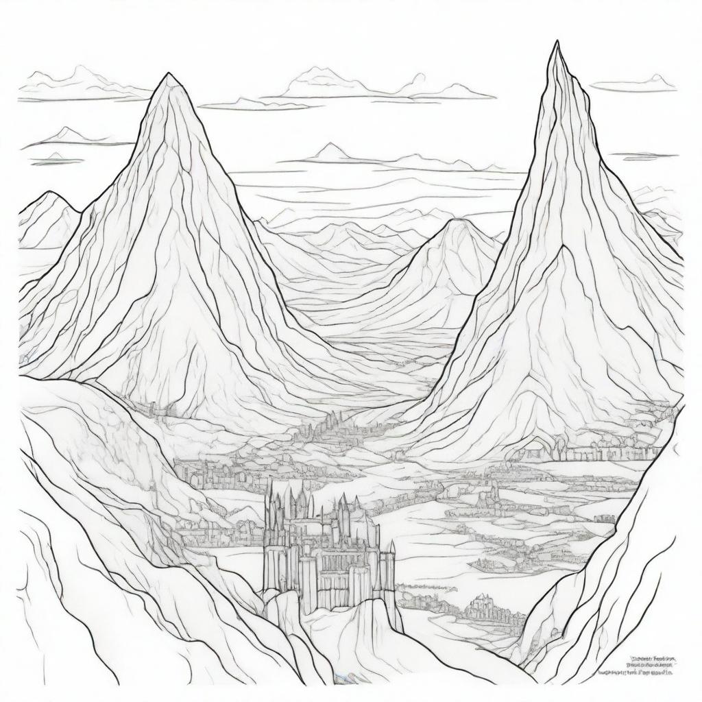 An illustrated outline of Mordor from 'The Lord of the Rings', including Mount Doom, the Eye of Sauron, and the Black Gate, designed as a page from a colouring book