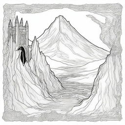 An illustrated outline of Mordor from 'The Lord of the Rings', including Mount Doom, the Eye of Sauron, and the Black Gate, designed as a page from a colouring book