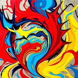 A vibrant abstract artwork that conveys strong emotions, featuring bold colors like deep reds, electric blues, and bright yellows flowing together in dynamic swirls