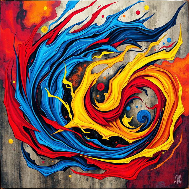 A vibrant abstract artwork that conveys strong emotions, featuring bold colors like deep reds, electric blues, and bright yellows flowing together in dynamic swirls