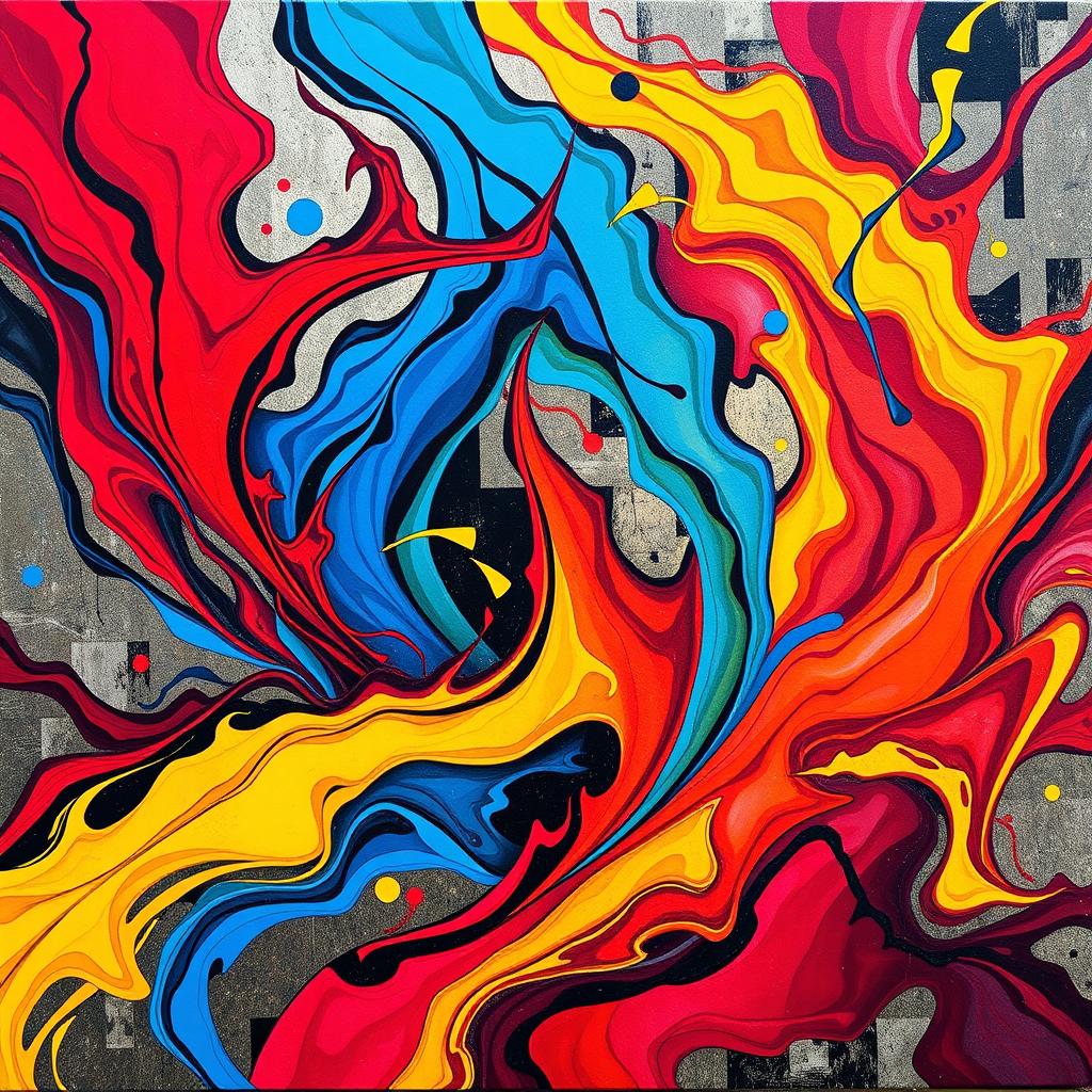 A vibrant abstract artwork that conveys strong emotions, featuring bold colors like deep reds, electric blues, and bright yellows flowing together in dynamic swirls