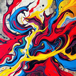 A vibrant abstract artwork that conveys strong emotions, featuring bold colors like deep reds, electric blues, and bright yellows flowing together in dynamic swirls