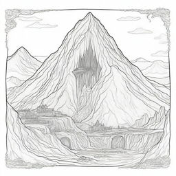 An illustrated outline of Mordor from 'The Lord of the Rings', including Mount Doom, the Eye of Sauron, and the Black Gate, designed as a page from a colouring book