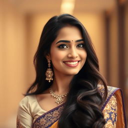 A stunning portrait of a confident Indian woman, posing in an elegant traditional outfit, showcasing her beautiful features and radiant smile
