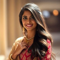 A stunning portrait of a confident Indian woman, posing in an elegant traditional outfit, showcasing her beautiful features and radiant smile