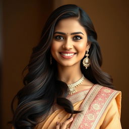 A stunning portrait of a confident Indian woman, posing in an elegant traditional outfit, showcasing her beautiful features and radiant smile