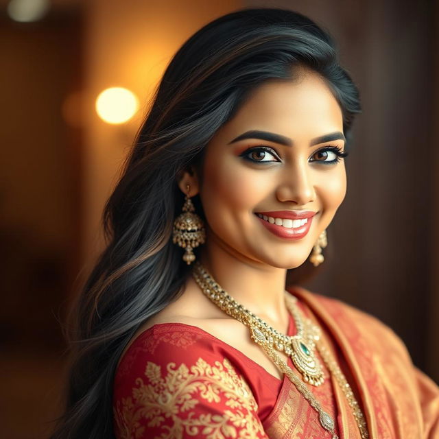 A stunning portrait of a confident Indian woman, posing in an elegant traditional outfit, showcasing her beautiful features and radiant smile