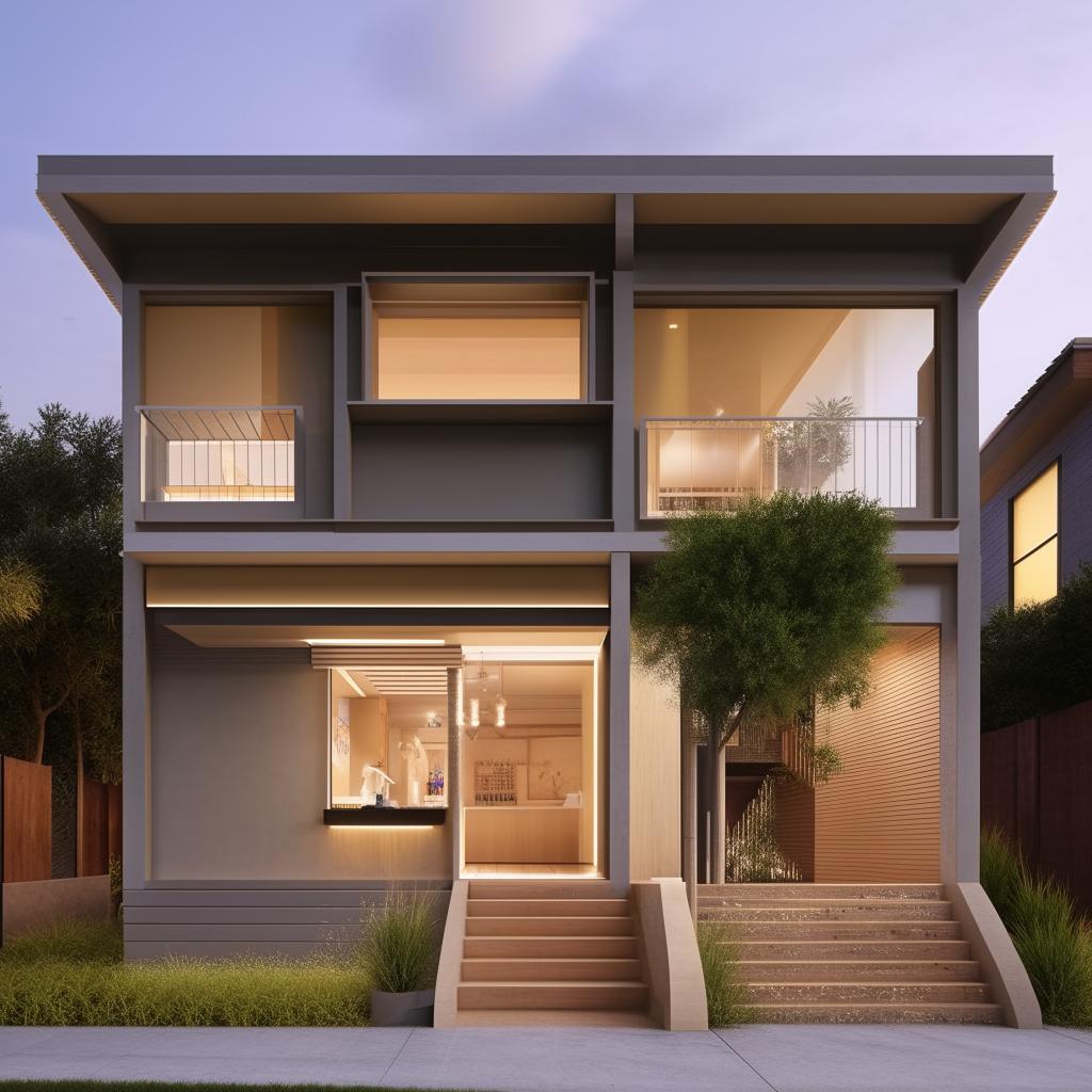 An architectural rendering of an outside house design featuring stairs leading to the upper floor, where there are designated spaces for rentable shops.