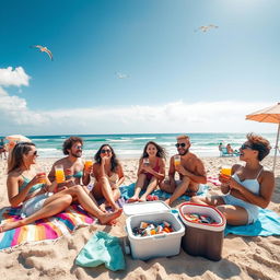 A group of friends enjoying a casual day at the beach, lounging on colorful beach towels, sipping on refreshing drinks, and laughing together