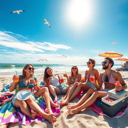 A group of friends enjoying a casual day at the beach, lounging on colorful beach towels, sipping on refreshing drinks, and laughing together