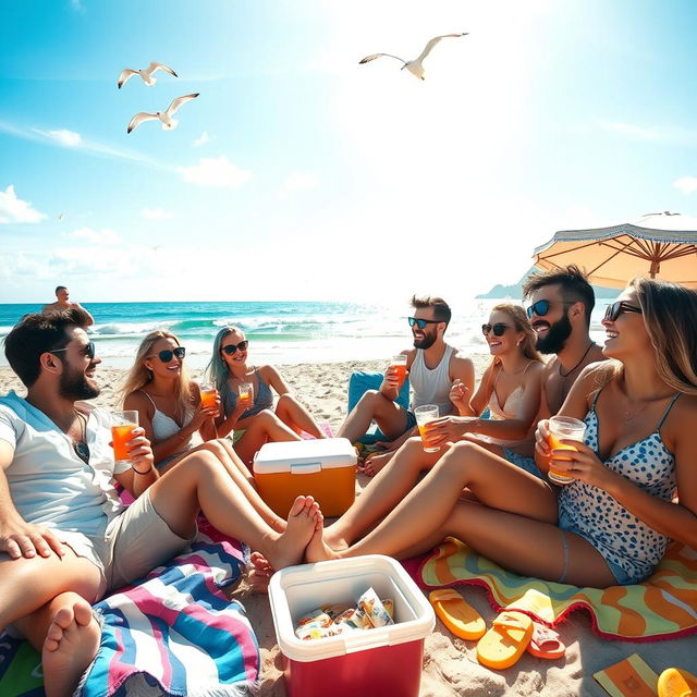 A group of friends enjoying a casual day at the beach, lounging on colorful beach towels, sipping on refreshing drinks, and laughing together