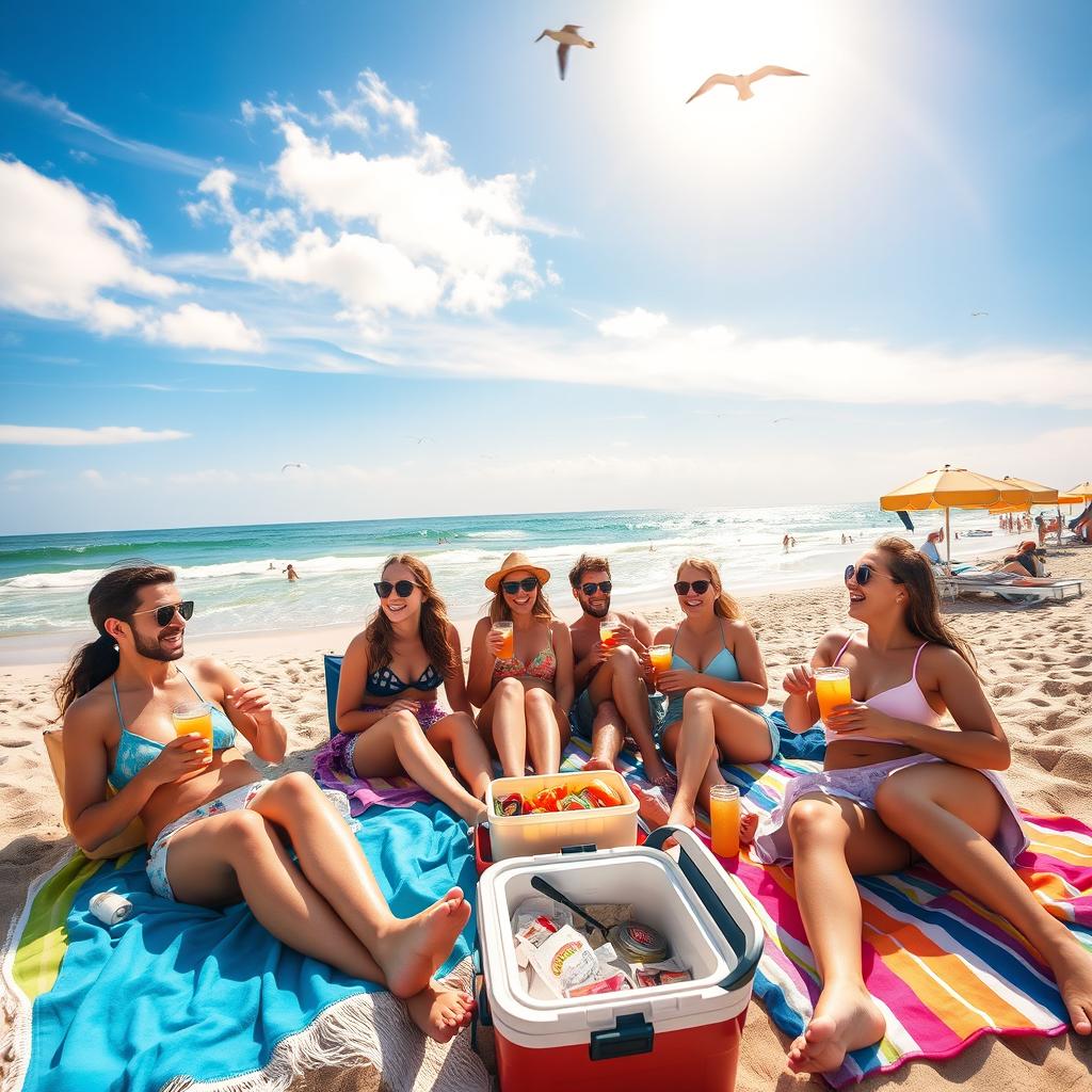 A group of friends enjoying a casual day at the beach, lounging on colorful beach towels, sipping on refreshing drinks, and laughing together