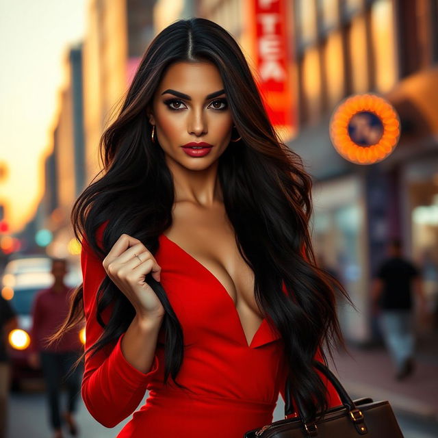 A stunningly attractive woman with long, flowing dark hair, dressed in a revealing, fashionable red outfit, striking a confident pose on a vibrant city street at sunset