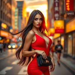 A stunningly attractive woman with long, flowing dark hair, dressed in a revealing, fashionable red outfit, striking a confident pose on a vibrant city street at sunset