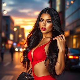 A stunningly attractive woman with long, flowing dark hair, dressed in a revealing, fashionable red outfit, striking a confident pose on a vibrant city street at sunset